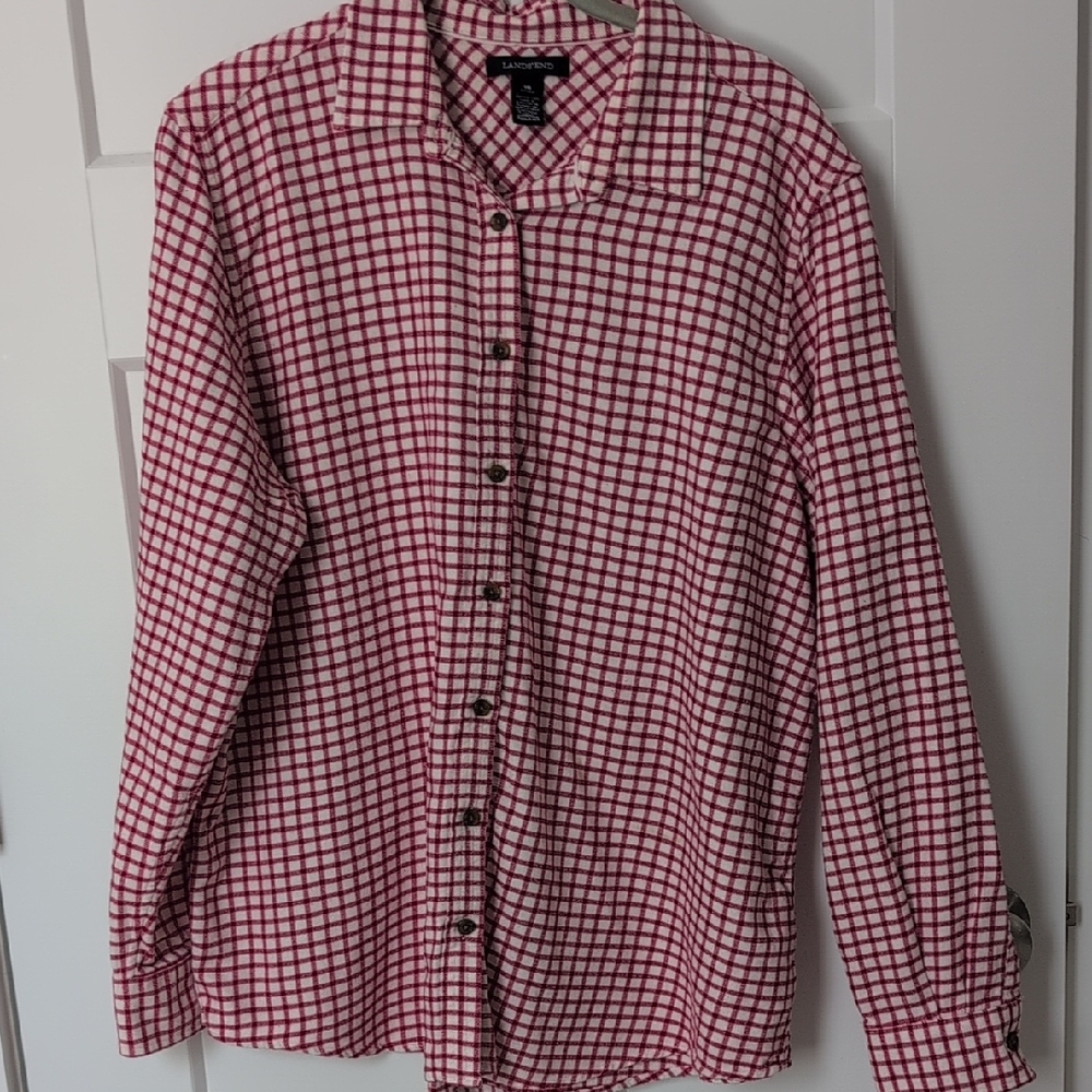 Lands End Ladies Red and White Plaid Flannel Shirt